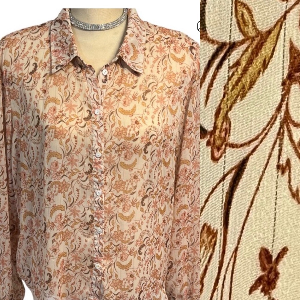 MEXX Button Down Blouse Top Size XL Gold Thread Throughout Elastic Cuff Floral